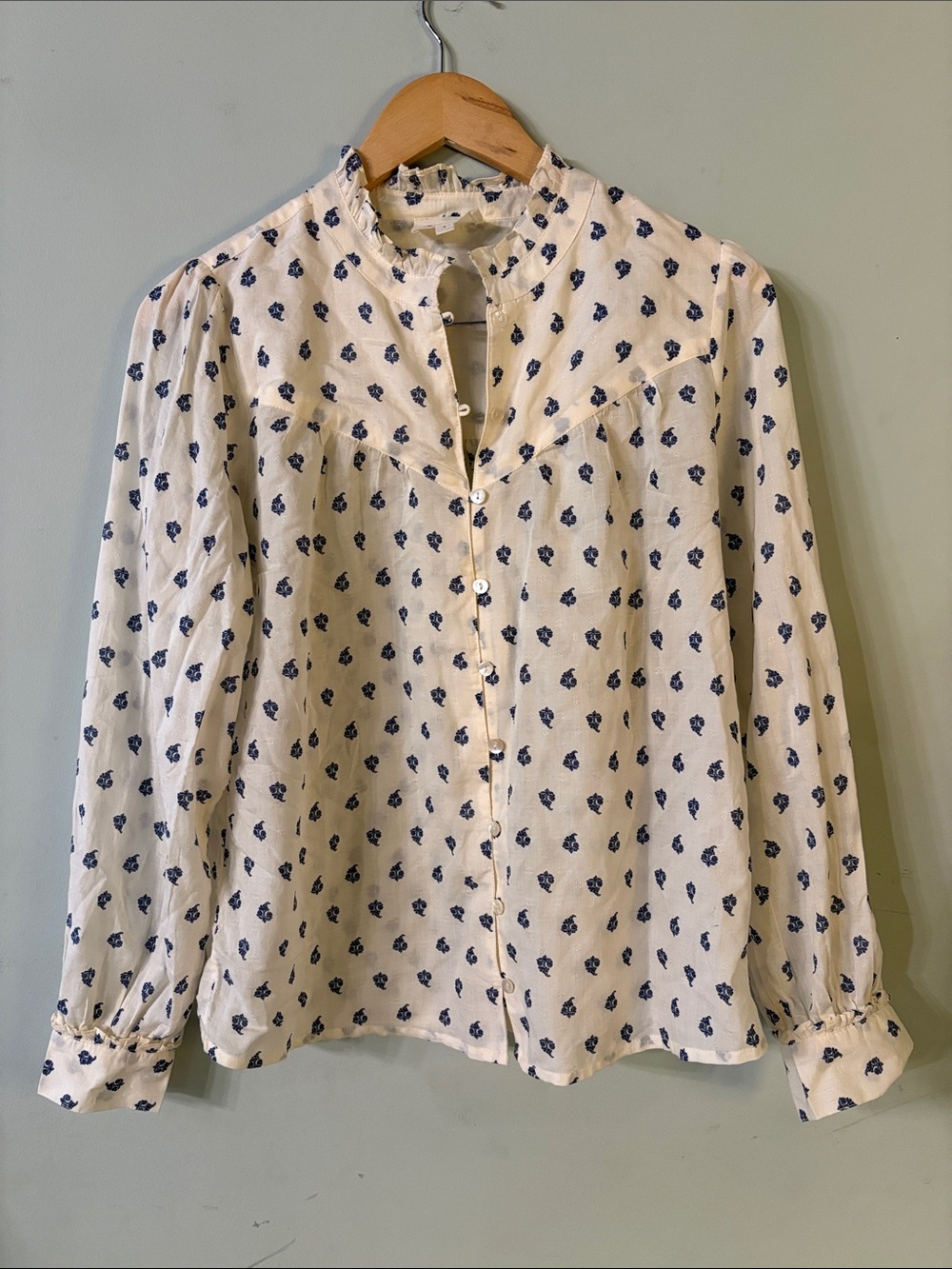 Maison 123 Button-Front Blouse with Navy Floral Dots